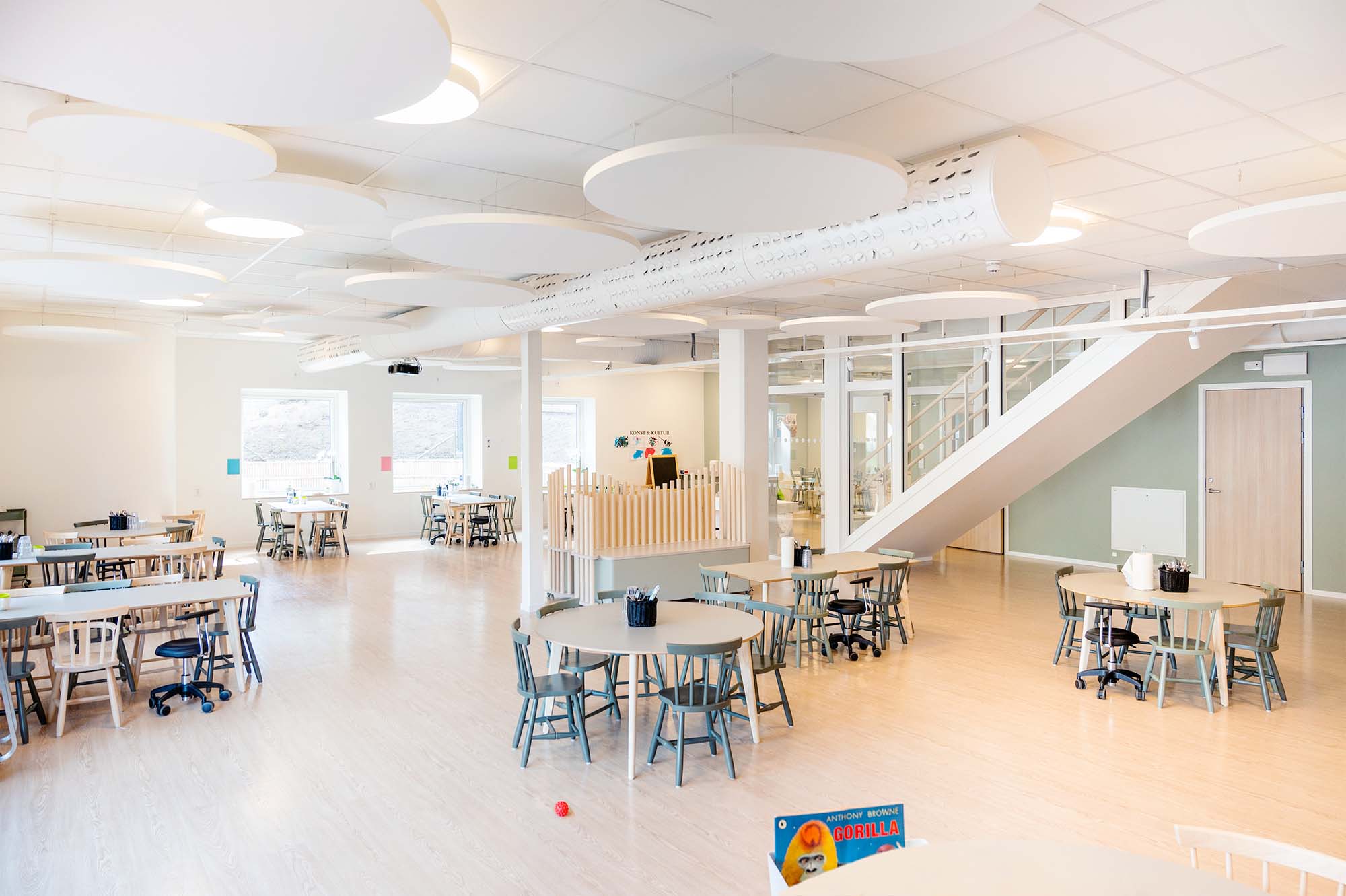 Fria cirkulära takabsorbenter i skola
